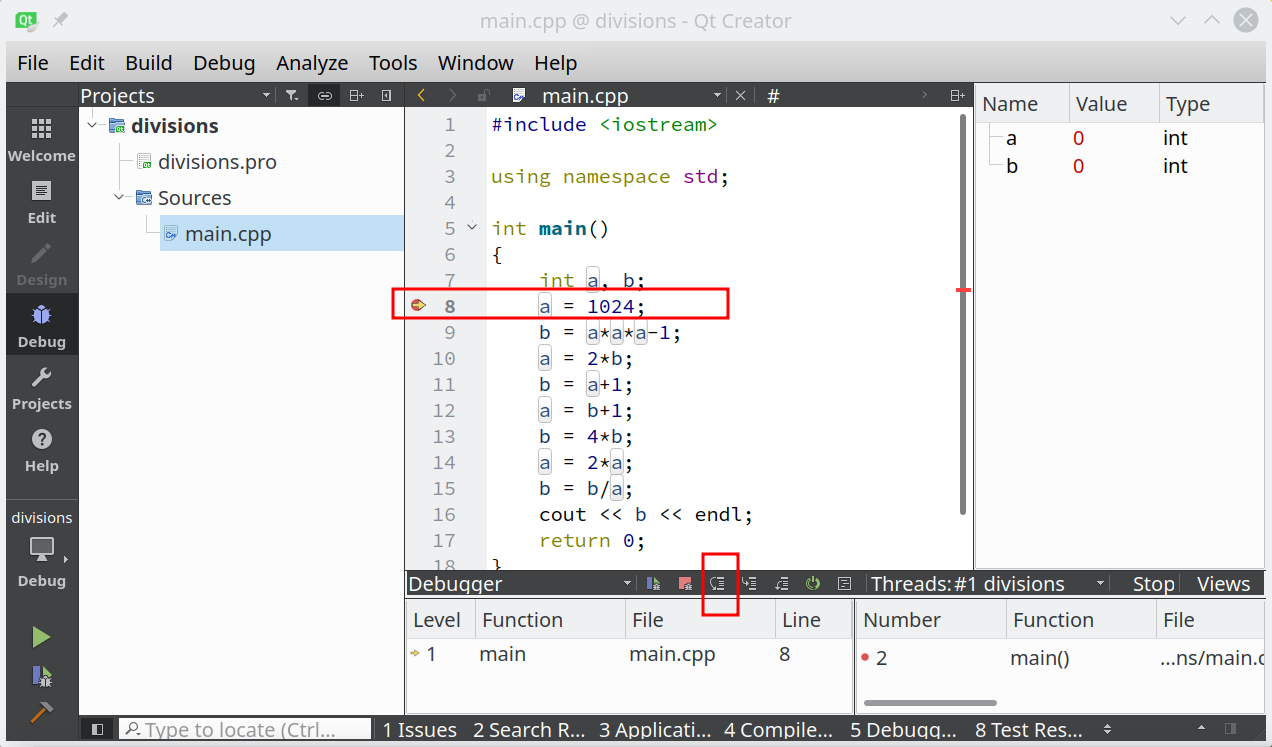 Arrêt au breakpoint (QtCreator)