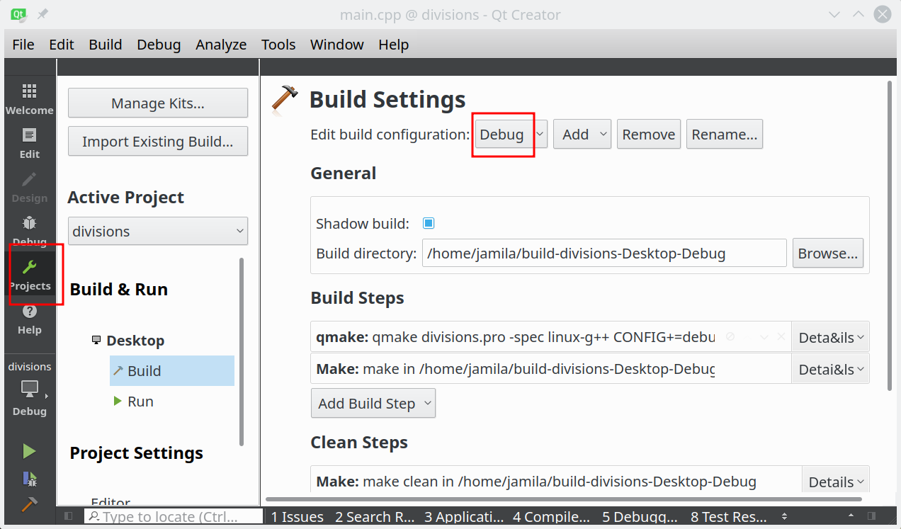 Option debug dans QtCreator