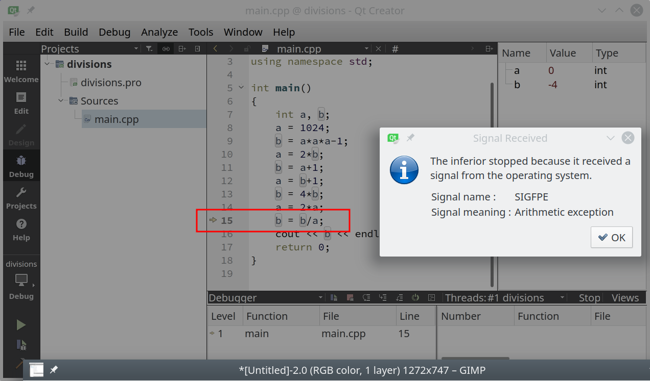 crash sous debugger dans QtCreator