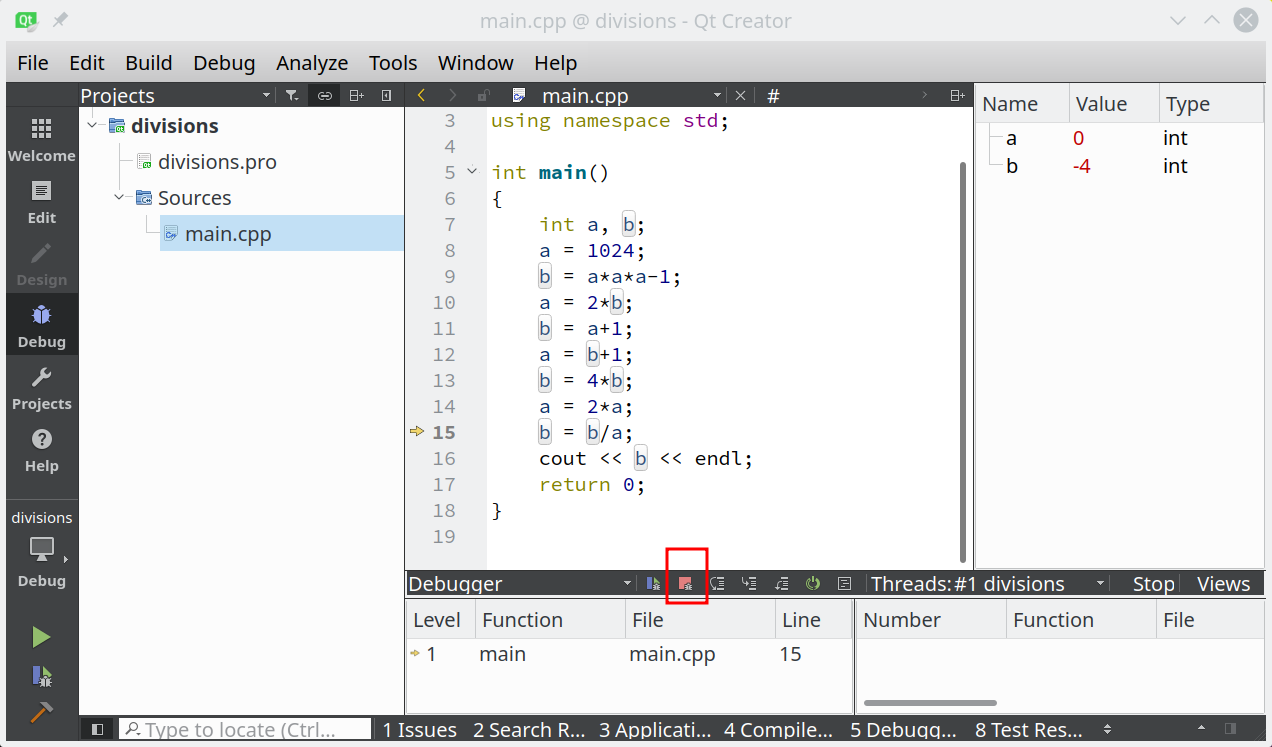 Arrêt de l'exécutiona sous debugger (QtCreator)