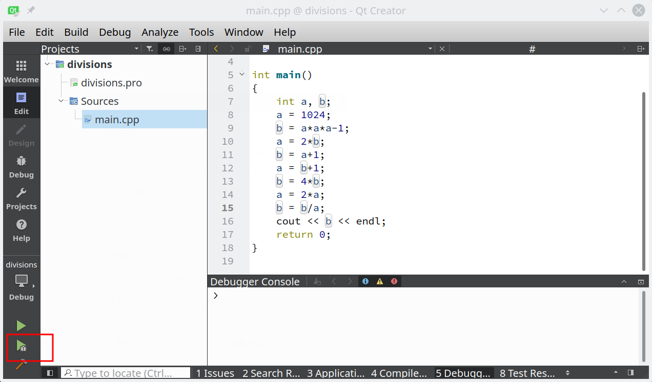 lancer un programme sous debugger dans QtCreator