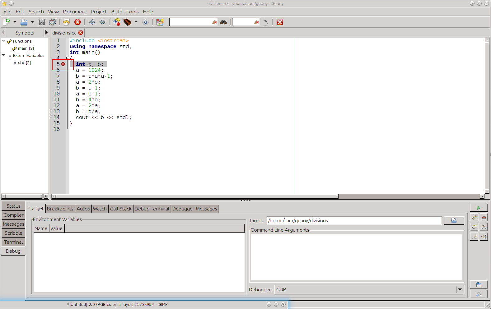 installer un point d'arrêt (debugger Geany)