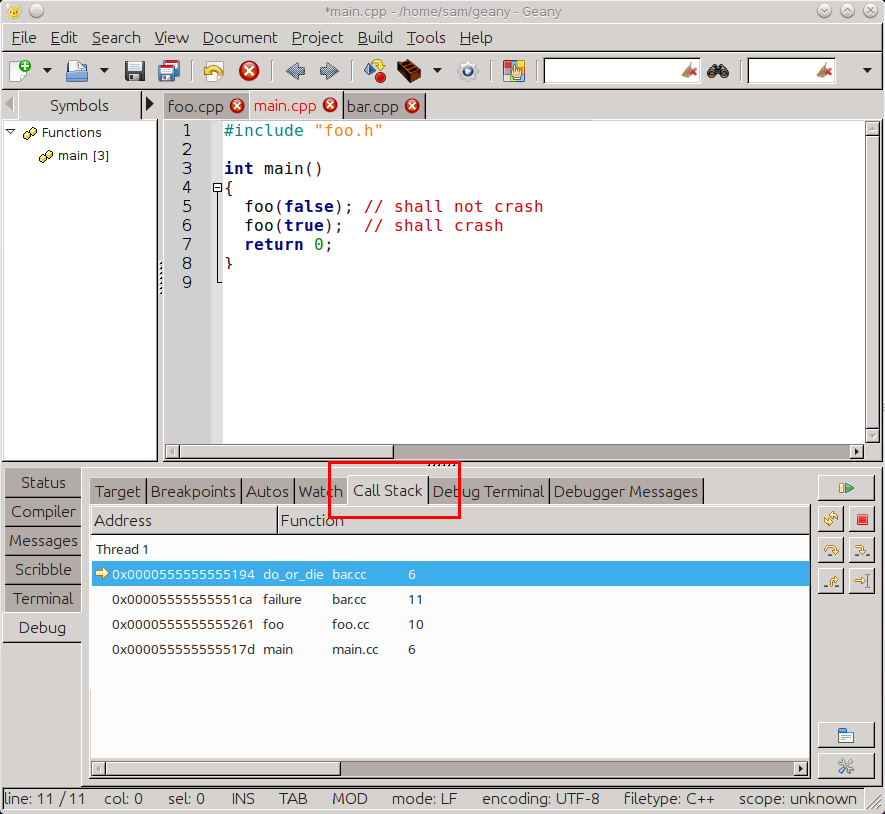 Call stack (Geany debugger)