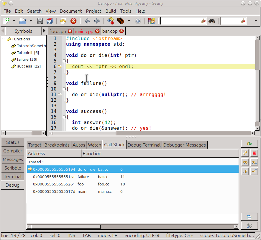 Call stack (Geany debugger)