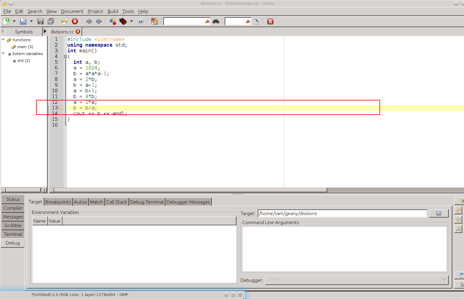 ligne fautive (debugger de Geany)