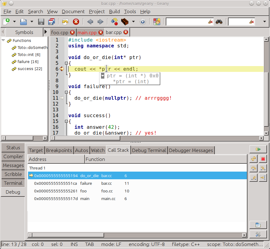 null pointer segmentation fault (Geany debugger)