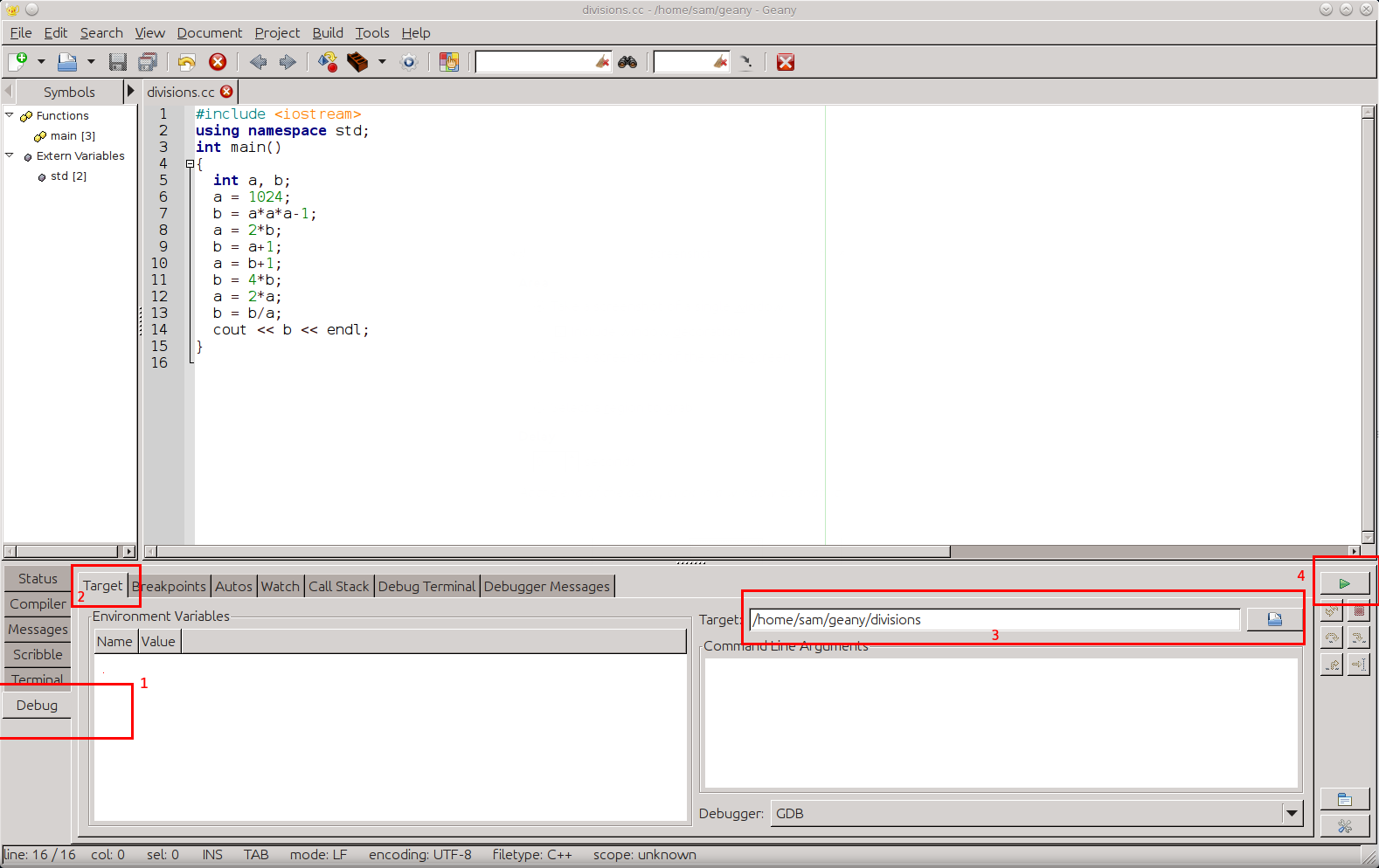 lancer un programme sous debugger dans Geany