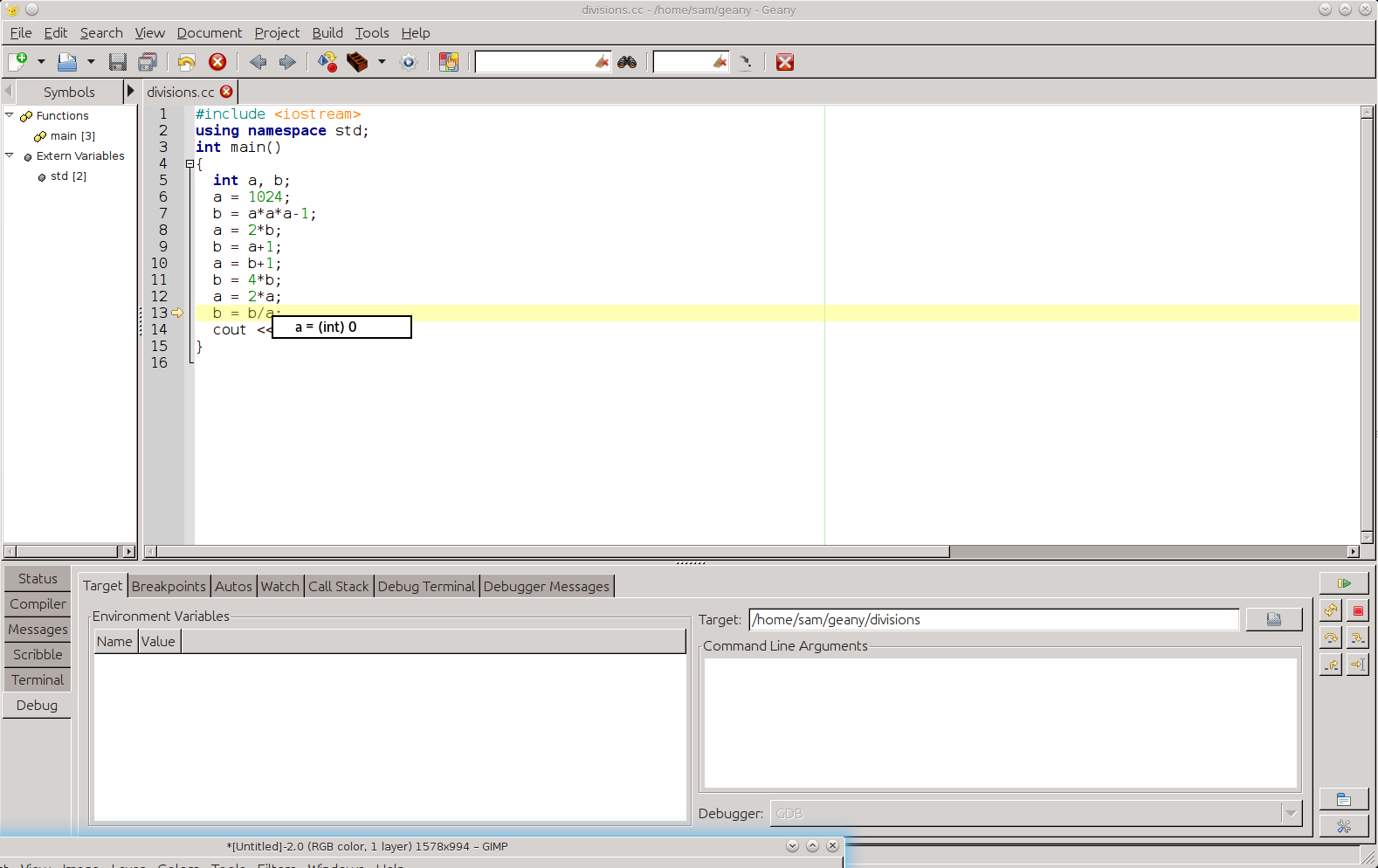 examen de la valeur des variable (debugger Geany)